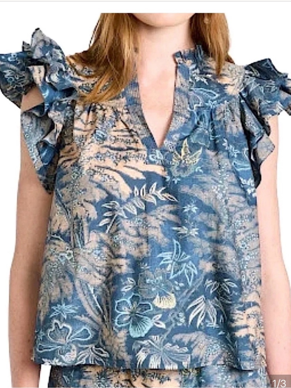 Ulla Johnson Lei Blue Floral Ruffle-Sleeve Women's Top